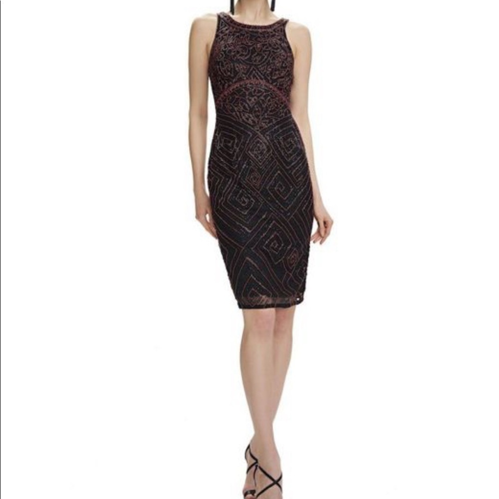 Theia Geometrical Pattern Beaded Cocktail Dress